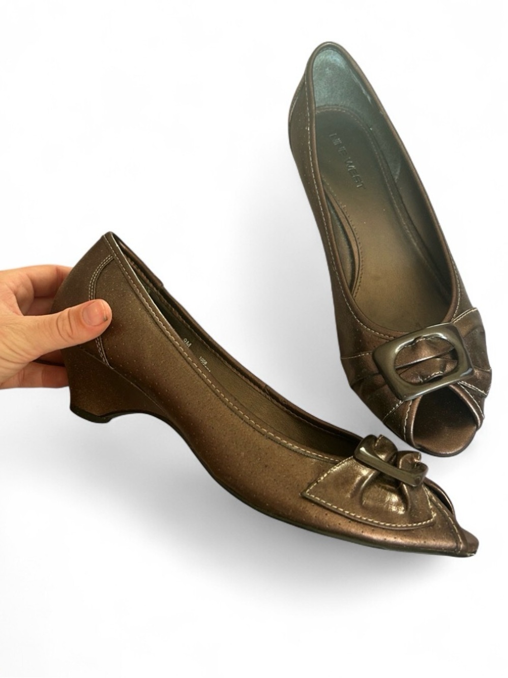 Women's Y2k Brown Metallic  Peep-Toe Kitten Heel Pumps with Decorative Buckle -9